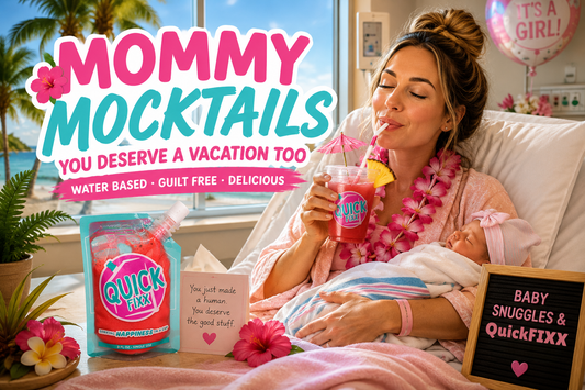 New mom holding a mommy mocktail while holding her baby in a hospital bed after delivery.