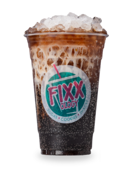 A clear plastic cup filled with a dark iced coffee or cola drink topped with crushed ice, featuring a circular Fixxology logo on the front.