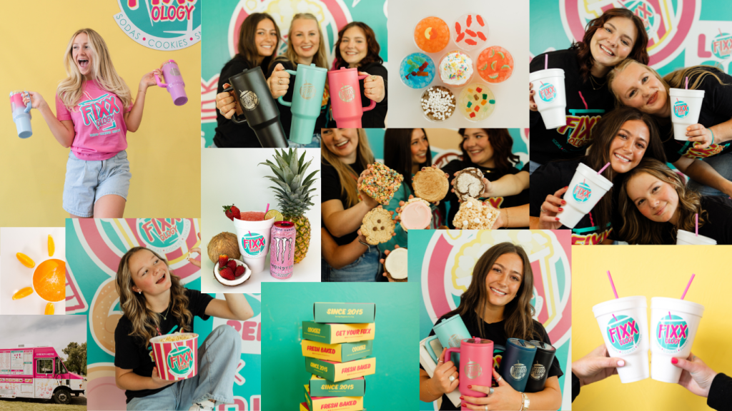 Fixxology Core Value: FUN | Image is a collage of fun elements that Fixxology offers. Kids drinks with candies in them, a large variety of treats and drinks and employees having fun at photo shoots.